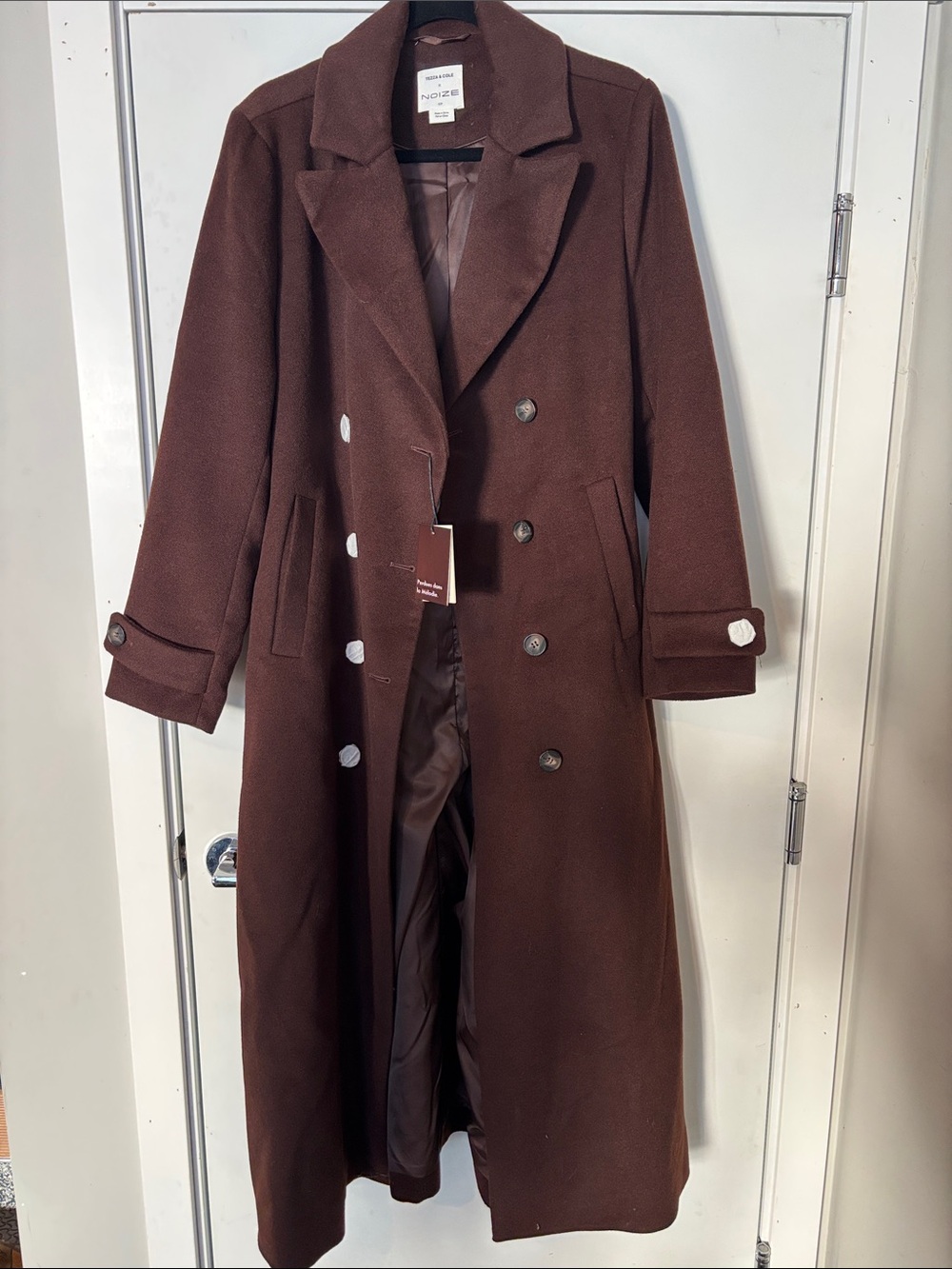 Noize Long Double-Breasted Trench Coat in Dark Brown